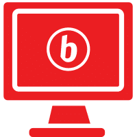 a red computer screen with a white b in the middle
