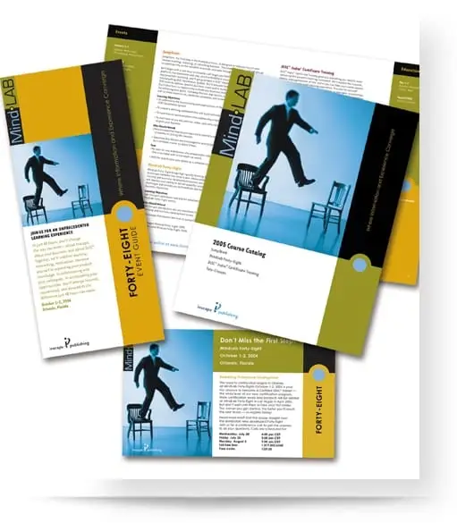 several brochures with images of a man walking on a chair