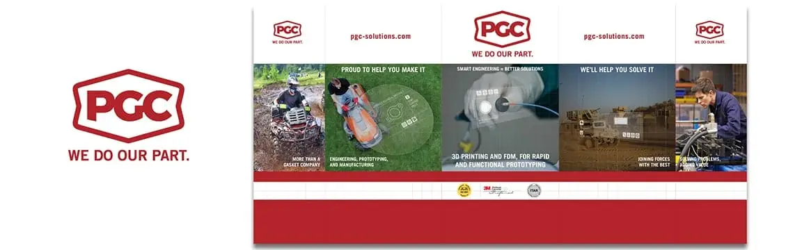a red and white advertisement with images of people riding on a lawn mower